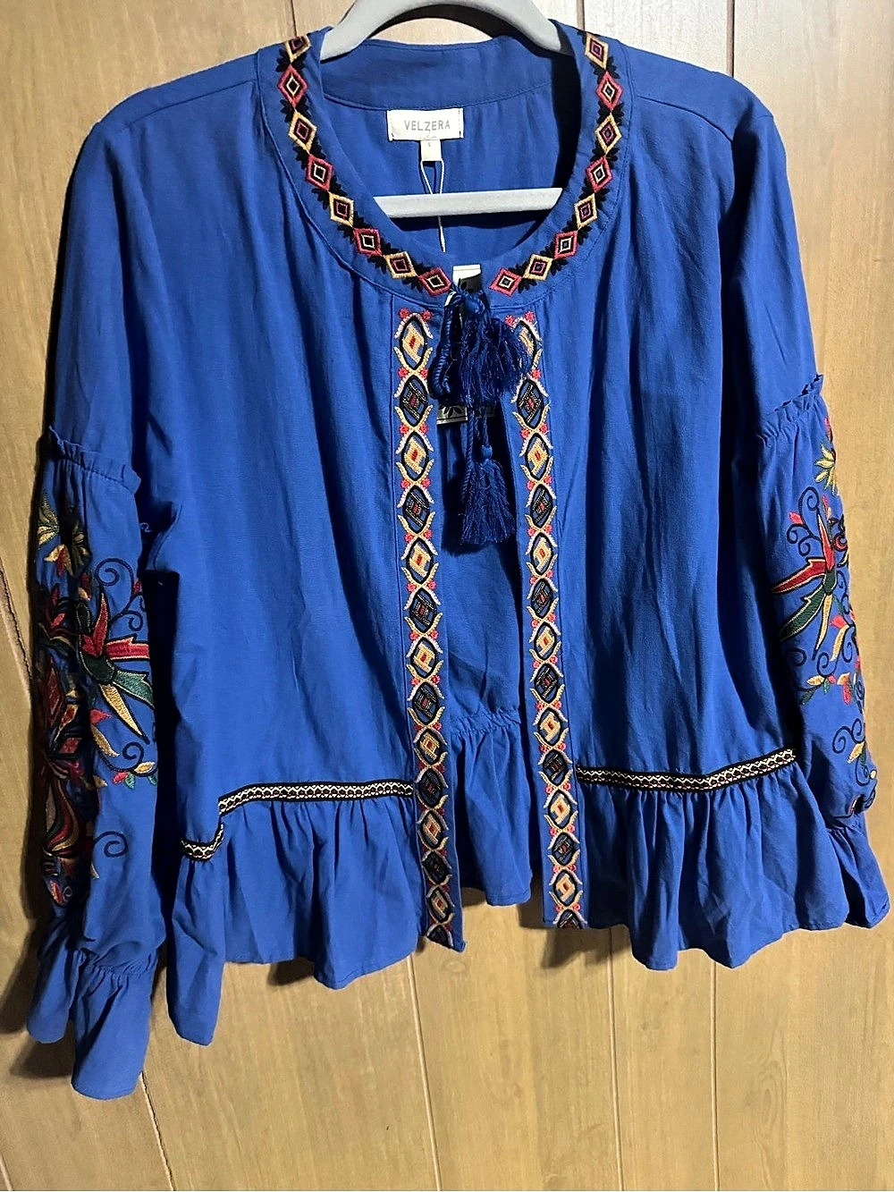 Velzera Embroidered Bell Sleeve Top Blouse Blue & Multicolor Large